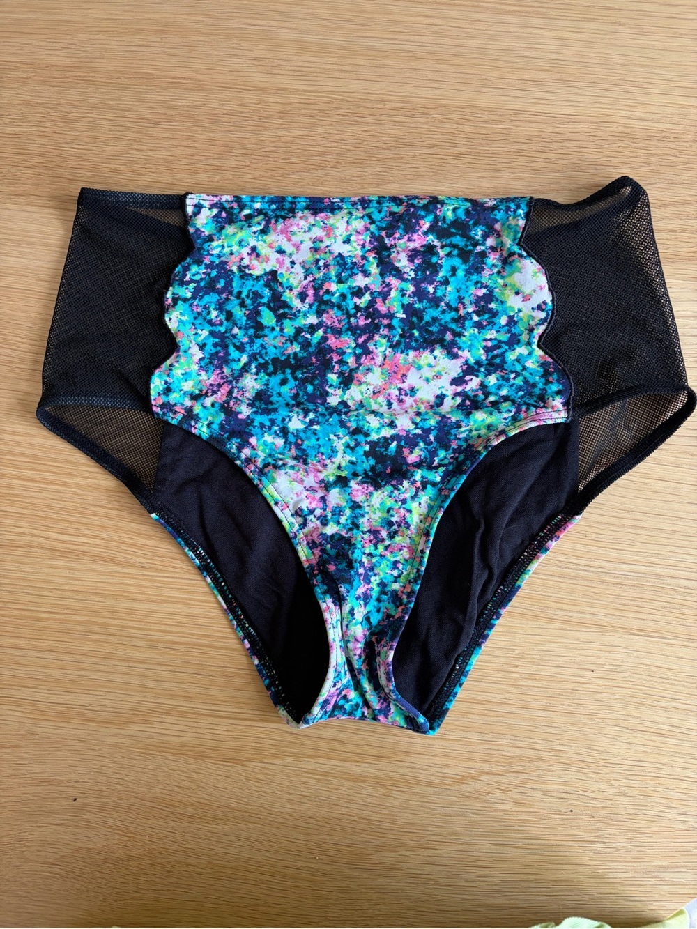 BCBGeneration High-Waist Bikini Bottom in Aqua Multi and Black Mesh